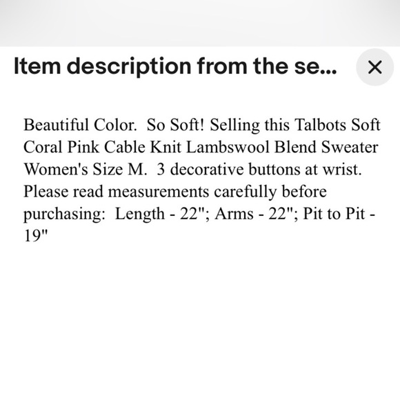 Talbots pull over Salmon color sweater size M , sleeve buttons, lambs wo… - Picture 5 of 5